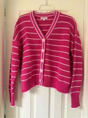eesome Pink and White Crochet-Striped Button Cardigan